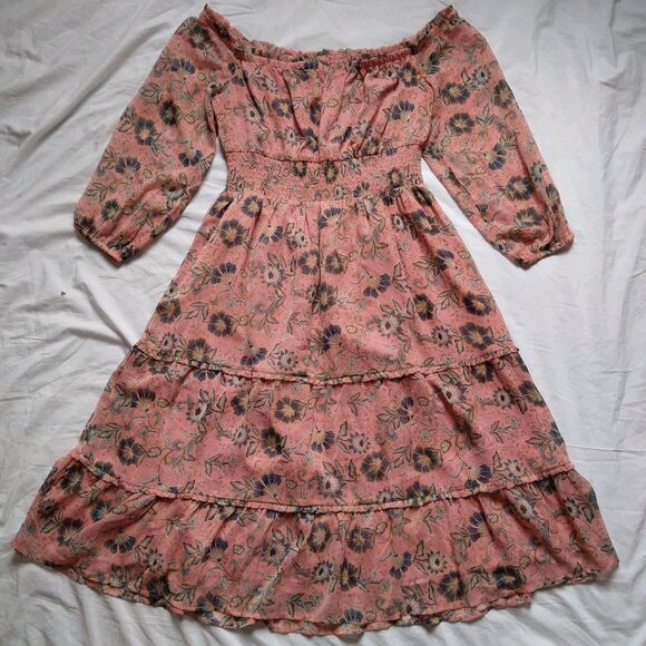 Patrons of Peace Dress Gypsy Floral Boho Peasant Pink Blue Womens Large - Picture 1 of 14